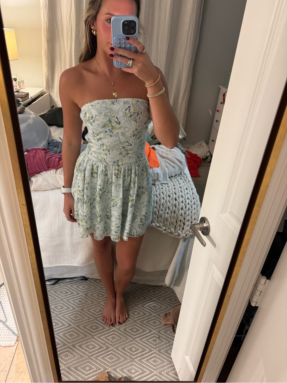 Strapless Floral Sundress in Light Blue and Cream